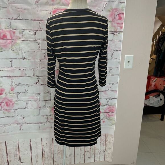 J. Mclaughlin Women's 3/4 Sleeves Black Tan Stripes Quarter Button Casual Dress - Picture 5 of 10